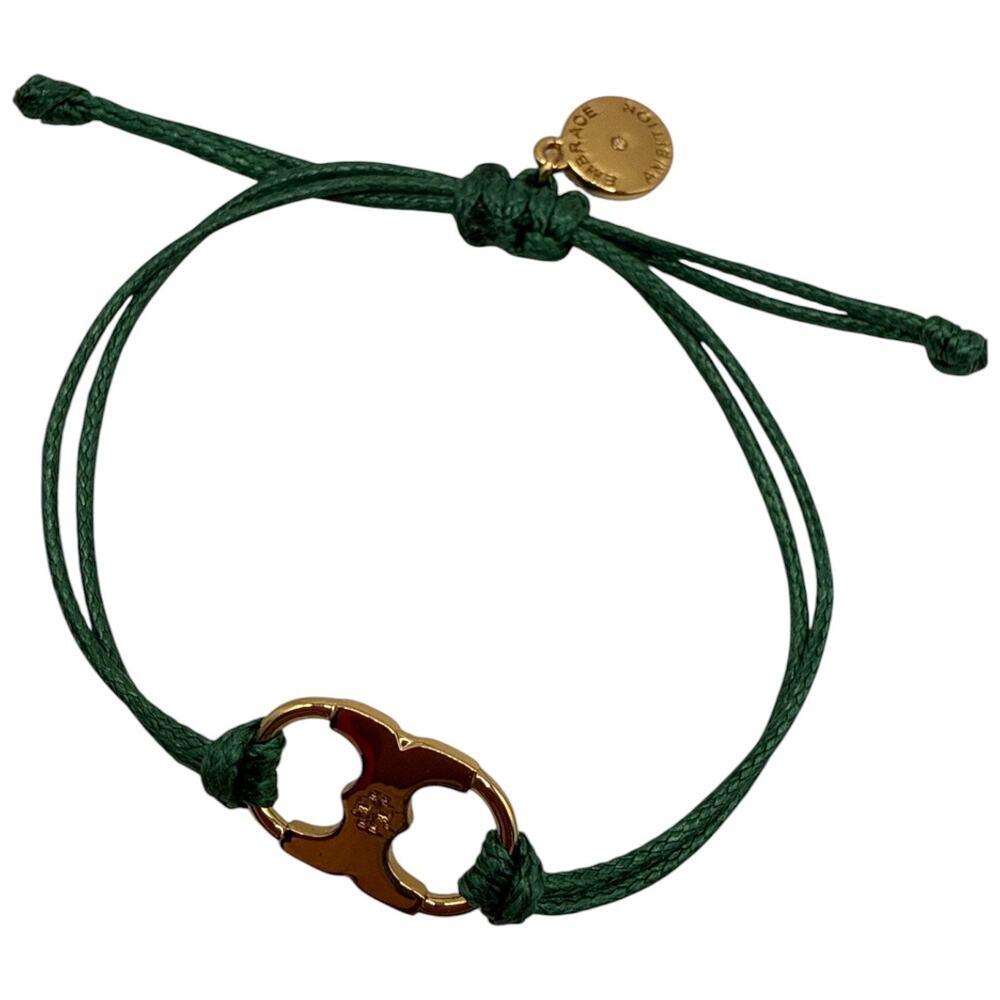 Tory Burch 18k Gold Plated Embrace Ambition Green Cord Gemini Link Bracelet